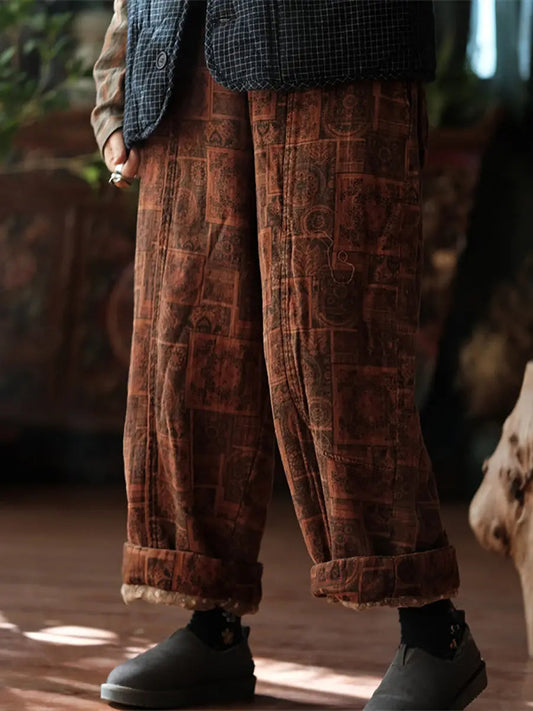 Women Vintage Print Winter 100%Cotton Padded Pants Ada Fashion