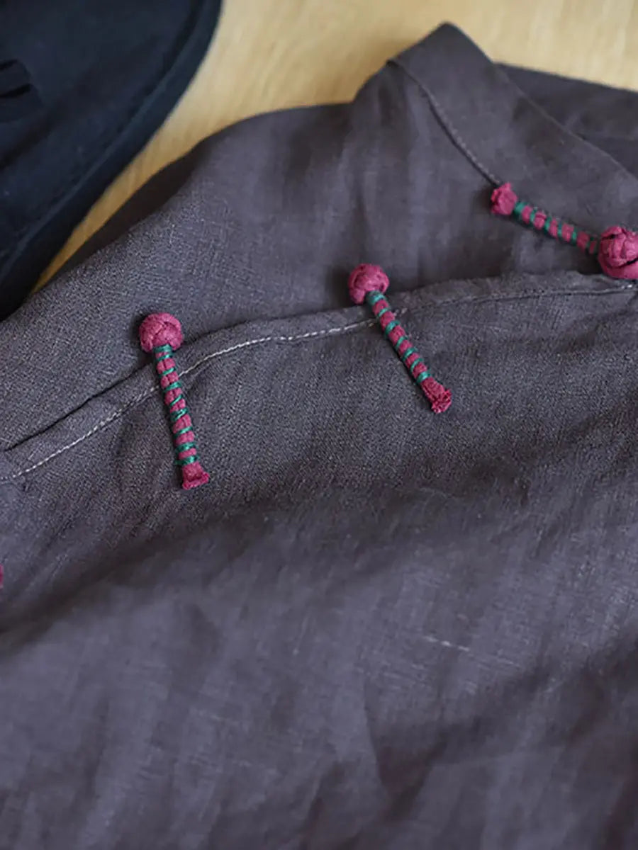 Women Vintage Solid Knot Button Linen Shirt Ada Fashion