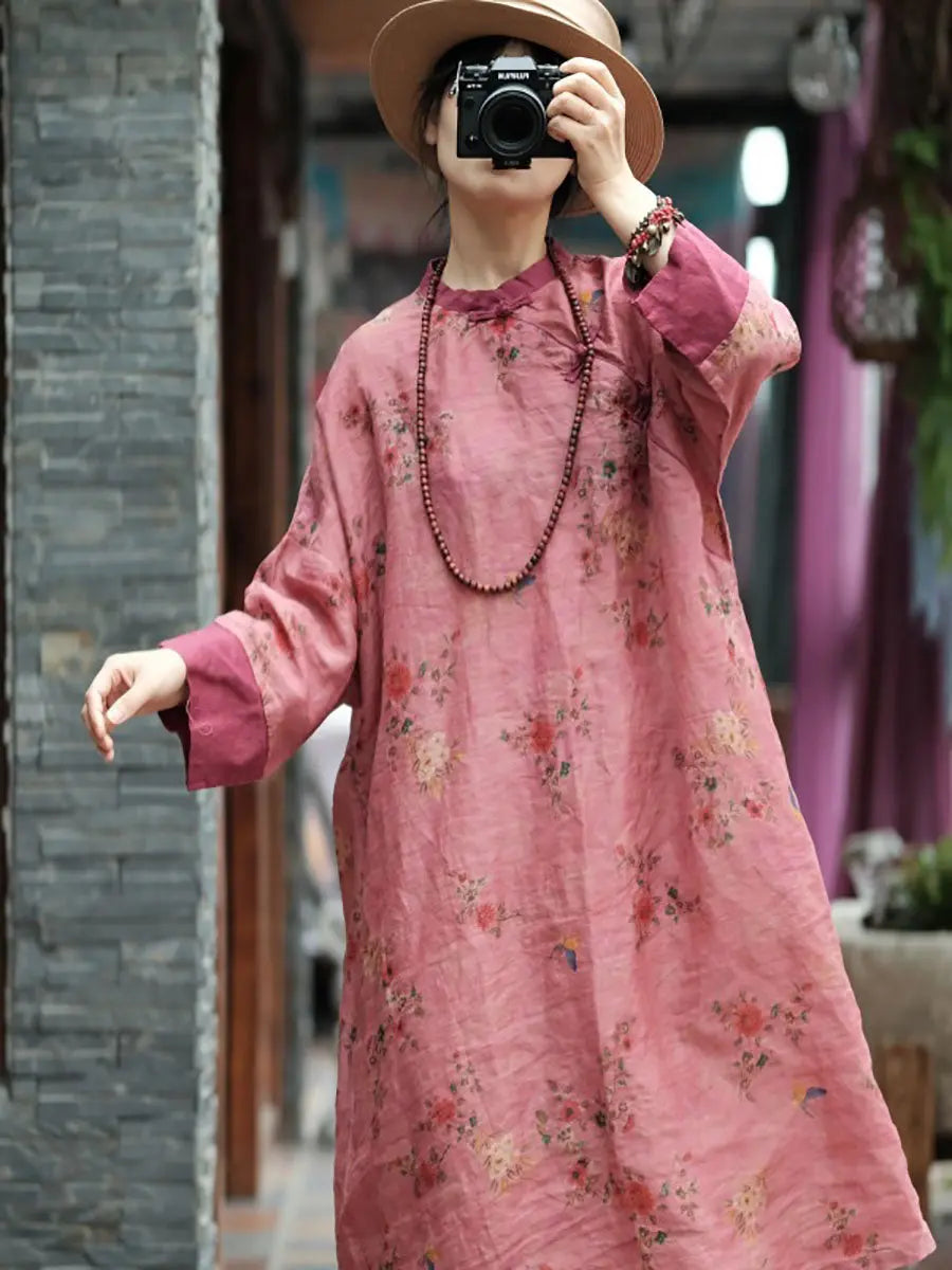 Women Vintage Spring Floral Spliced Ramie Robe Dress Ada Fashion
