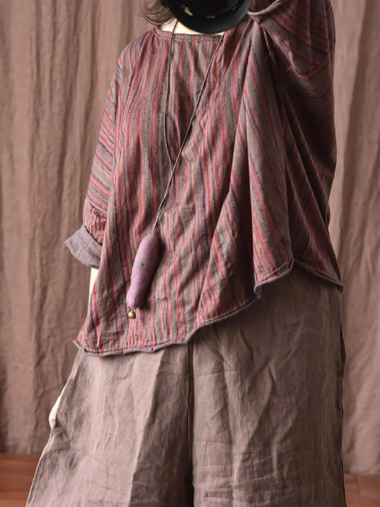 Women Vintage Spring Stripe Flower Cotton Shirt Ada Fashion