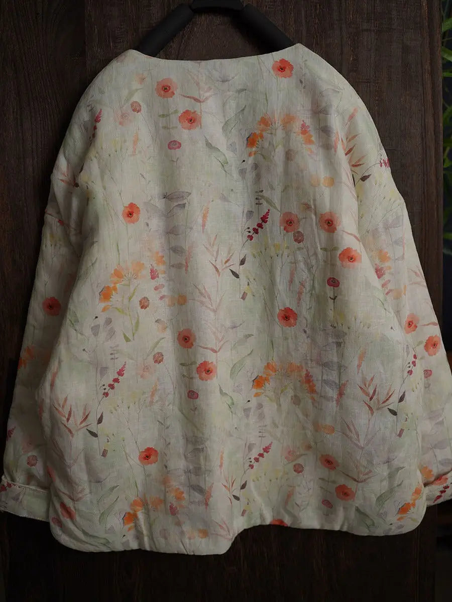 Women Vintage Winter Floral Print Ramie Padded Coat Ada Fashion
