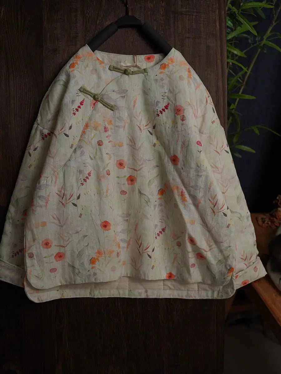 Women Vintage Winter Floral Print Ramie Padded Coat Ada Fashion