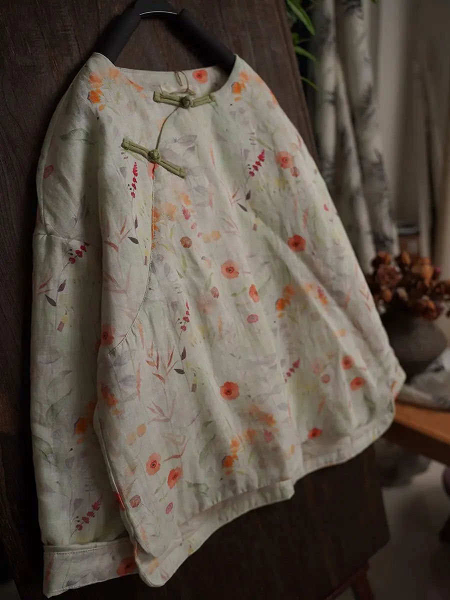 Women Vintage Winter Floral Print Ramie Padded Coat Ada Fashion