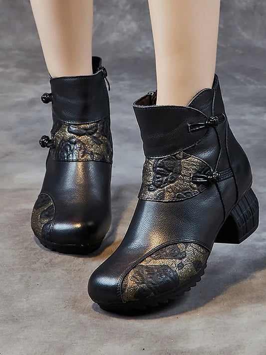 Women Vintage Winter Leather Flower Spliced Ankle Boots Ada Fashion