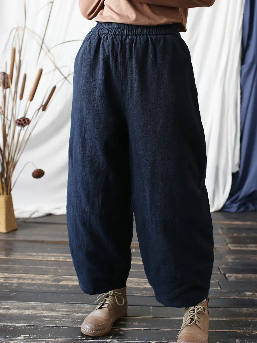 Women Vintage Winter Solid Ramie Padded Harem Pants Ada Fashion