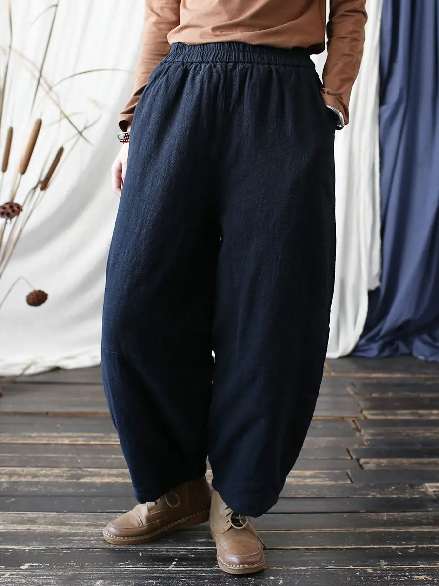 Women Vintage Winter Solid Ramie Padded Harem Pants Ada Fashion