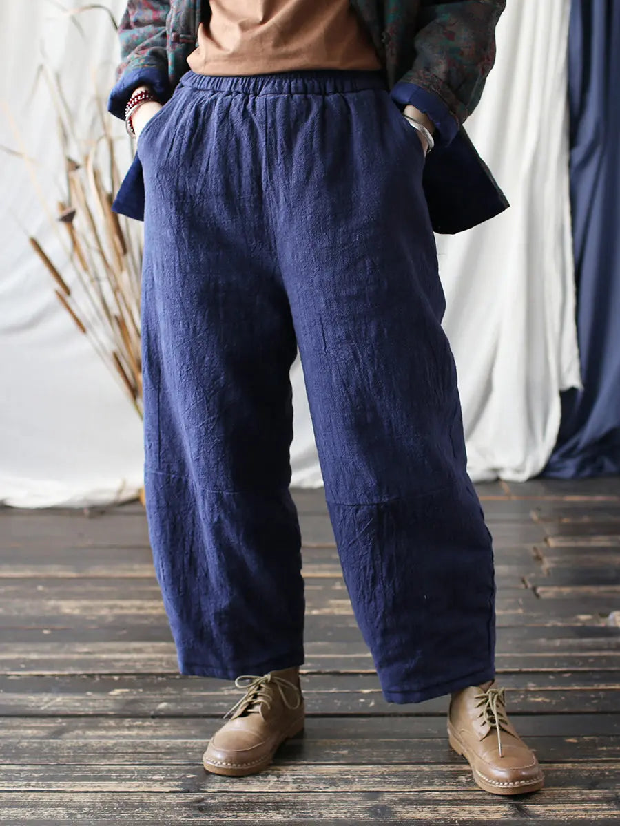 Women Vintage Winter Solid Ramie Padded Harem Pants Ada Fashion