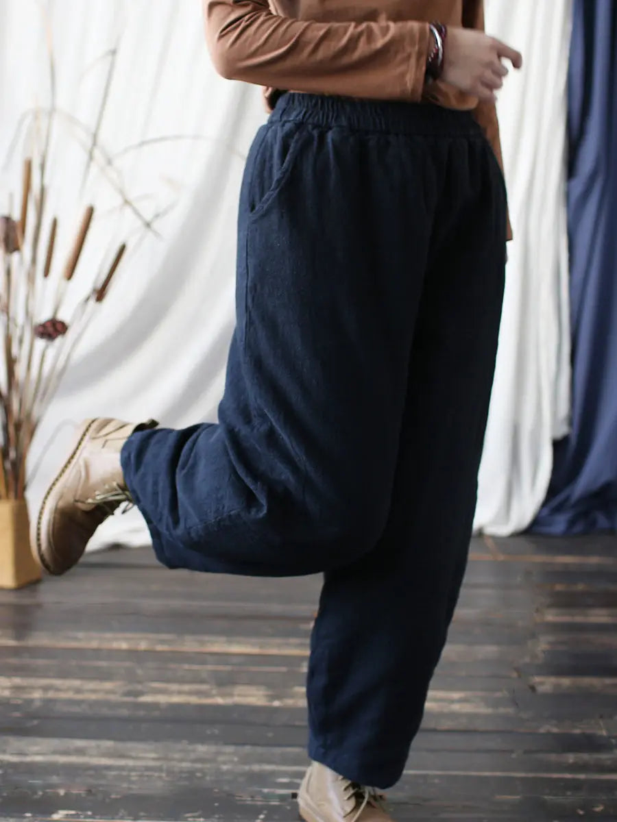 Women Vintage Winter Solid Ramie Padded Harem Pants Ada Fashion
