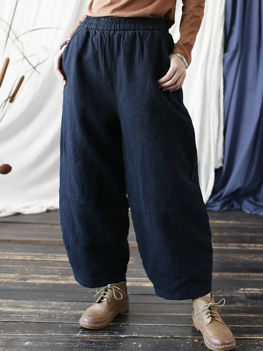 Women Vintage Winter Solid Ramie Padded Harem Pants Ada Fashion