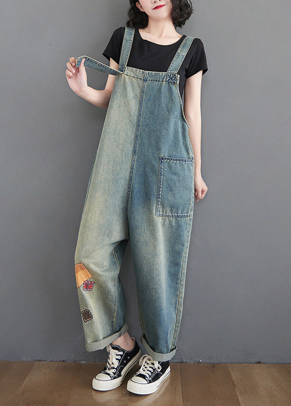 Women Washing Blue Patchwork Cozy Denim Long Jumpsuit LY5211 - fabuloryshop