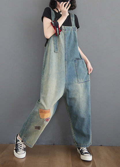 Women Washing Blue Patchwork Cozy Denim Long Jumpsuit LY5211 - fabuloryshop