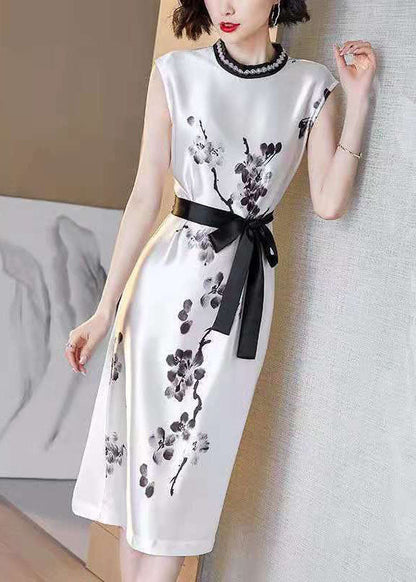 Women White Cinched Ink Print Silk Dresses Sleeveless LC0074 - fabuloryshop