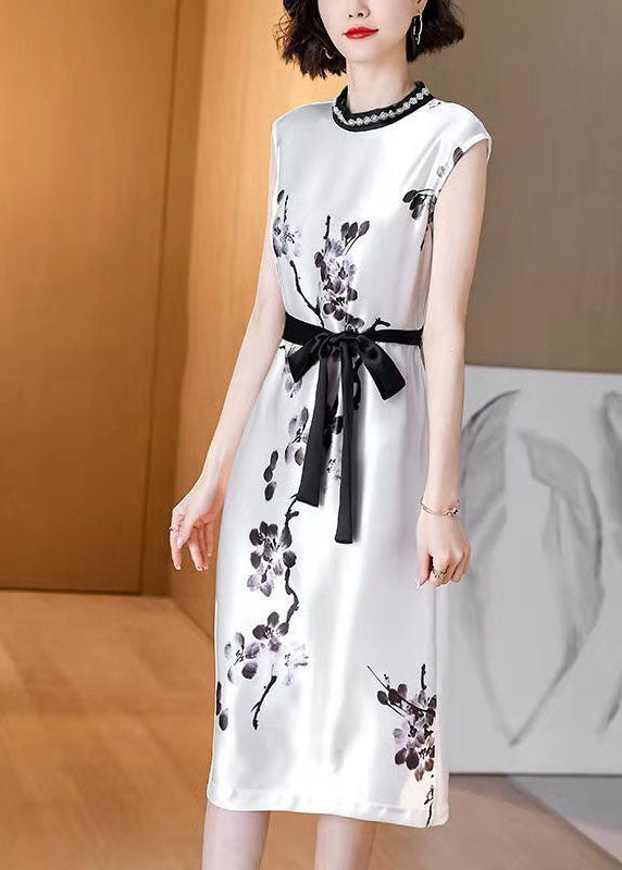 Women White Cinched Ink Print Silk Dresses Sleeveless LC0074 - fabuloryshop