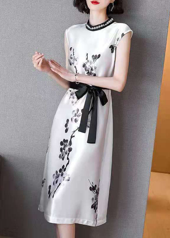 Women White Cinched Ink Print Silk Dresses Sleeveless LC0074 - fabuloryshop