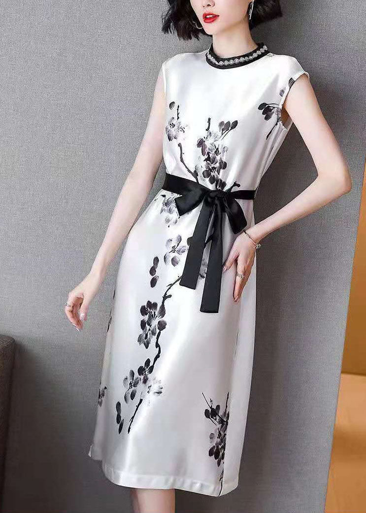 Women White Cinched Ink Print Silk Dresses Sleeveless LC0074 - fabuloryshop