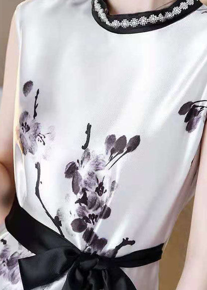 Women White Cinched Ink Print Silk Dresses Sleeveless LC0074 - fabuloryshop