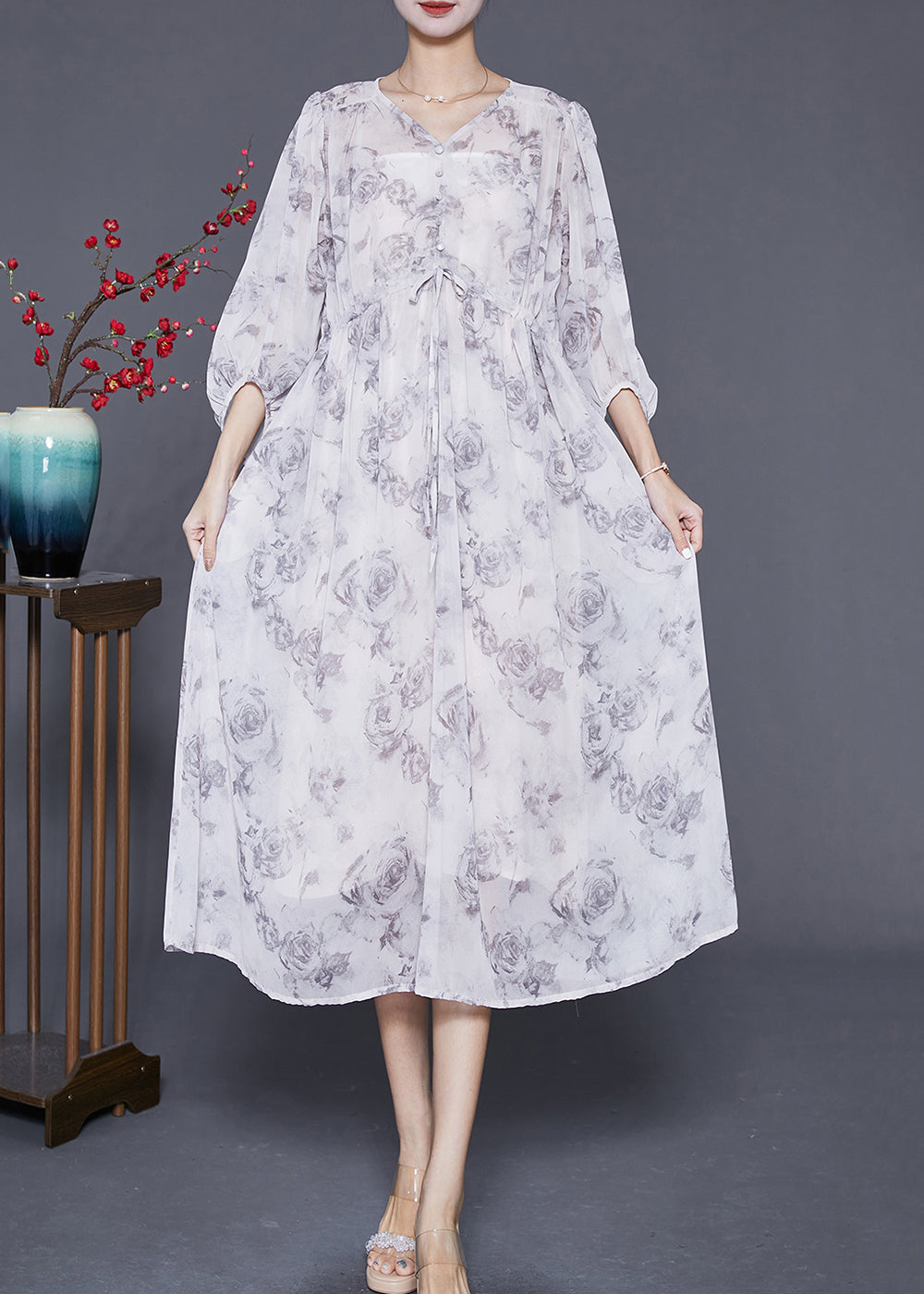 Women White Cinched Rose Print Chiffon Party Dress Summer Ada Fashion