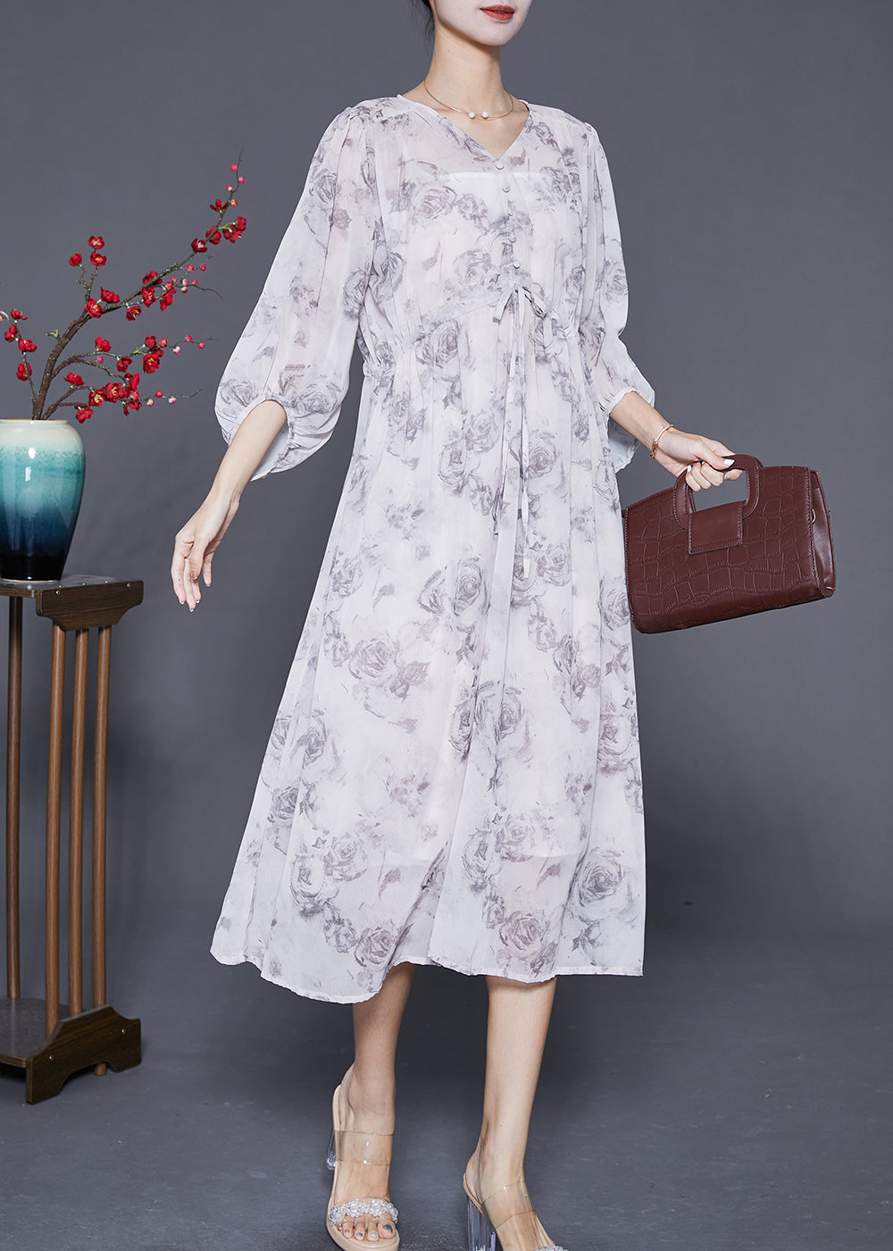 Women White Cinched Rose Print Chiffon Party Dress Summer Ada Fashion