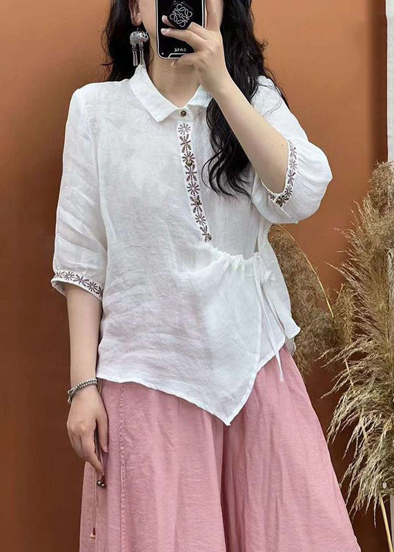 Women White Embroideried Lace Up Patchwork Linen Shirt Top Summer LY2500 - fabuloryshop