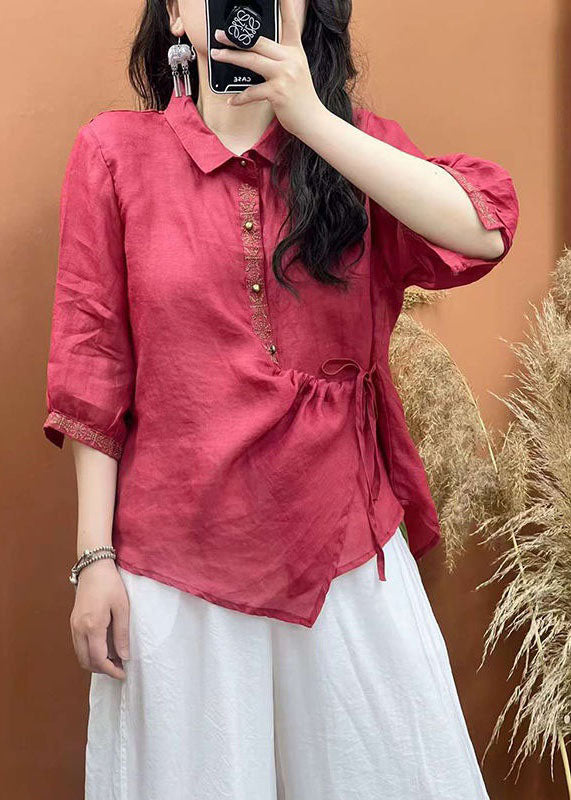 Women White Embroideried Lace Up Patchwork Linen Shirt Top Summer LY2500 - fabuloryshop