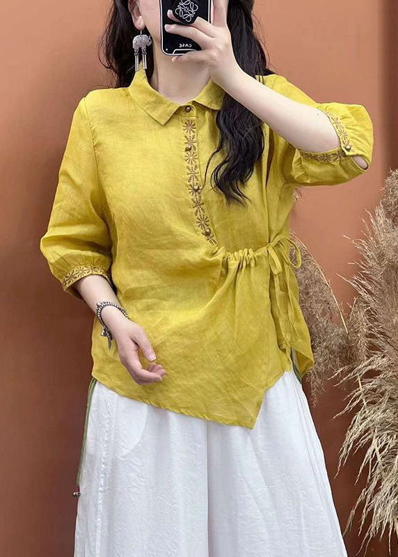 Women White Embroideried Lace Up Patchwork Linen Shirt Top Summer LY2500 - fabuloryshop