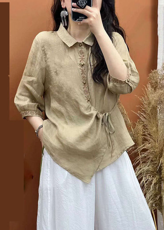 Women White Embroideried Lace Up Patchwork Linen Shirt Top Summer LY2500 - fabuloryshop