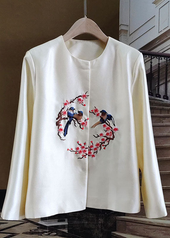 Women White Embroideried Patchwork Silk Outwear Long Sleeve LY1064 - fabuloryshop