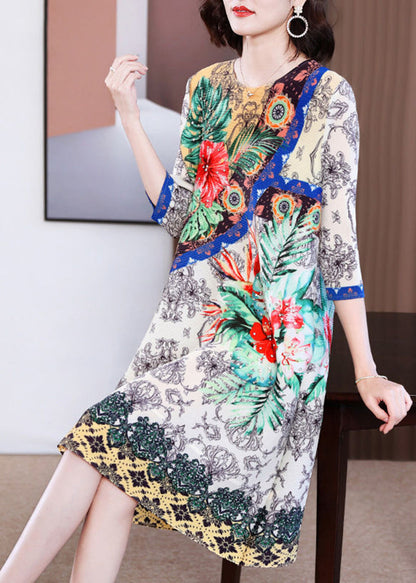 Women White Floral Print Wrinkled Maxi Dresses Bracelet Sleeve LY2764 - fabuloryshop