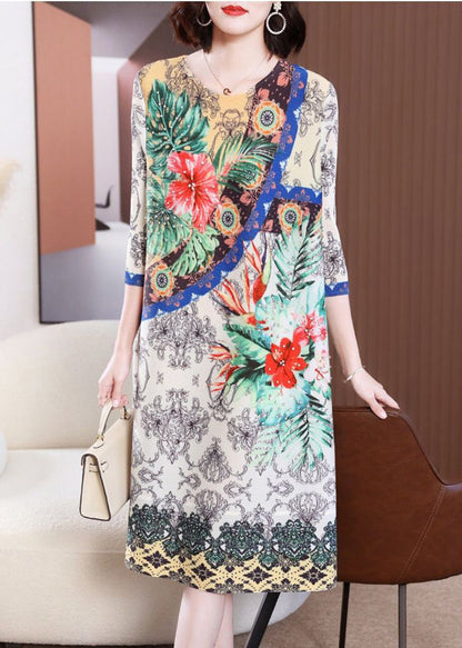 Women White Floral Print Wrinkled Maxi Dresses Bracelet Sleeve LY2764 - fabuloryshop