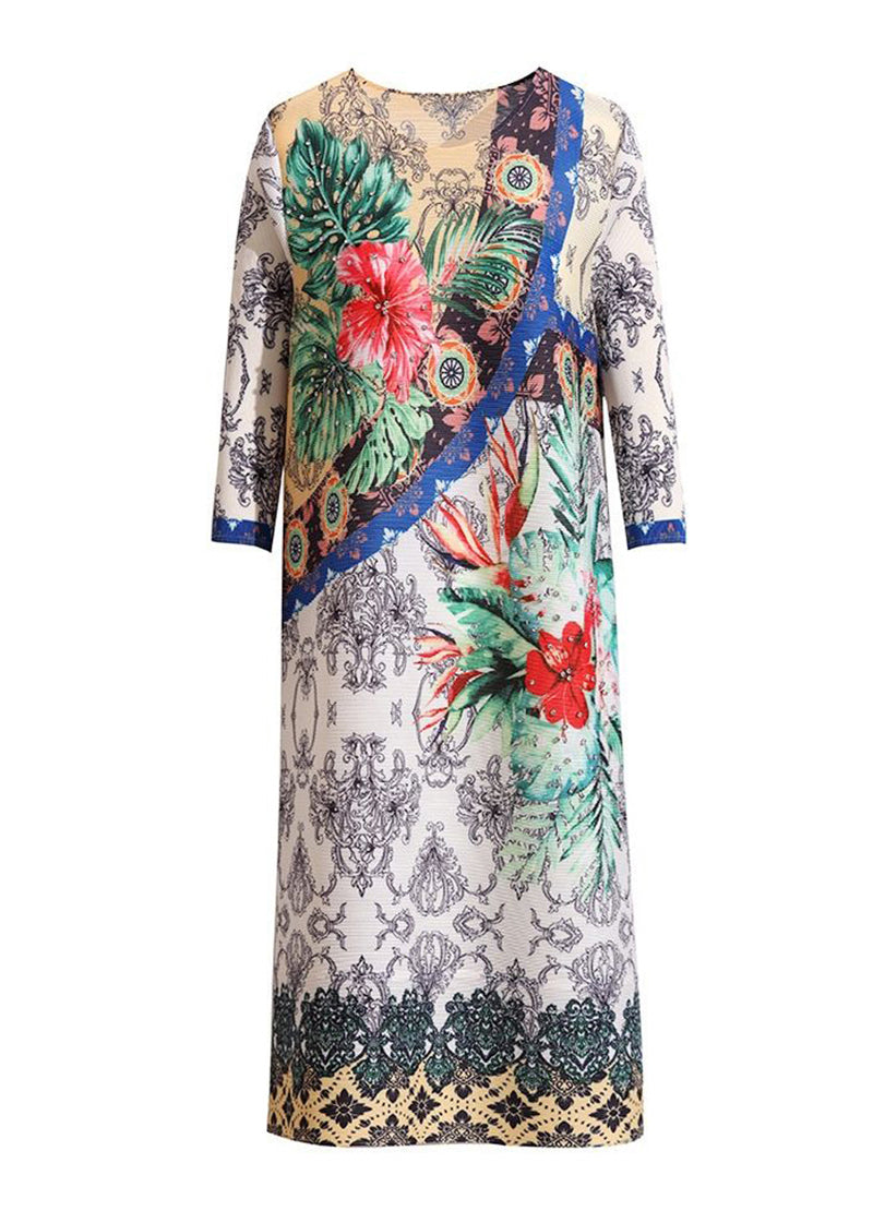 Women White Floral Print Wrinkled Maxi Dresses Bracelet Sleeve LY2764 - fabuloryshop