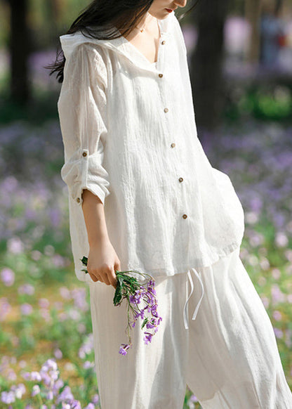 Women White Hooded Button Patchwork Cotton Coats Long Sleeve Ada Fashion