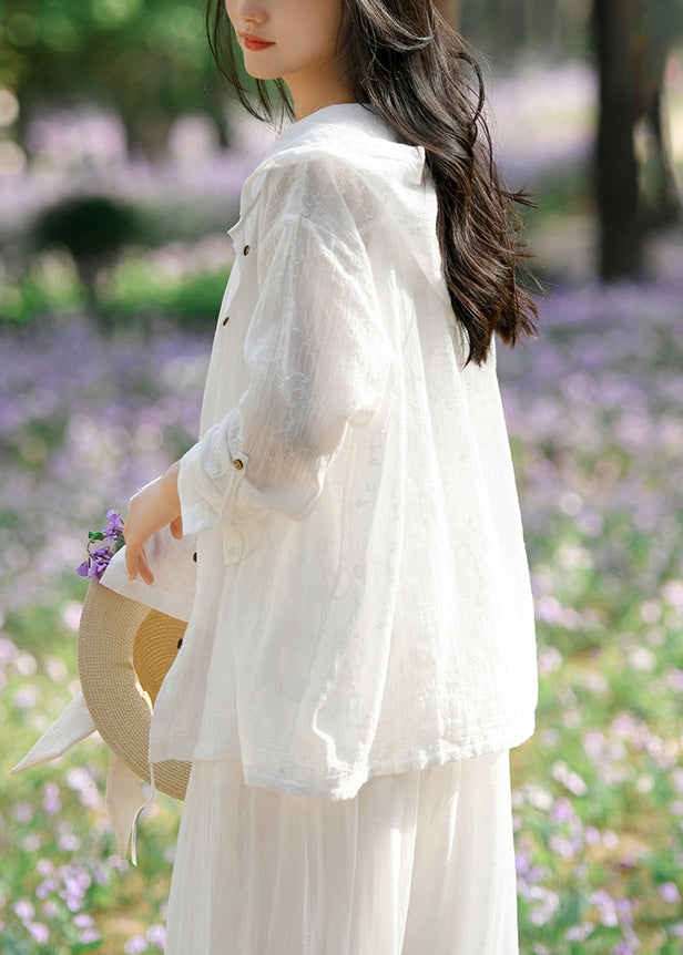 Women White Hooded Button Patchwork Cotton Coats Long Sleeve Ada Fashion