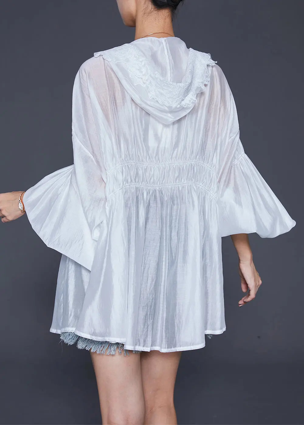 Women White Hooded Lace Patchwork Silk Cardigans Lantern Sleeve Ada Fashion