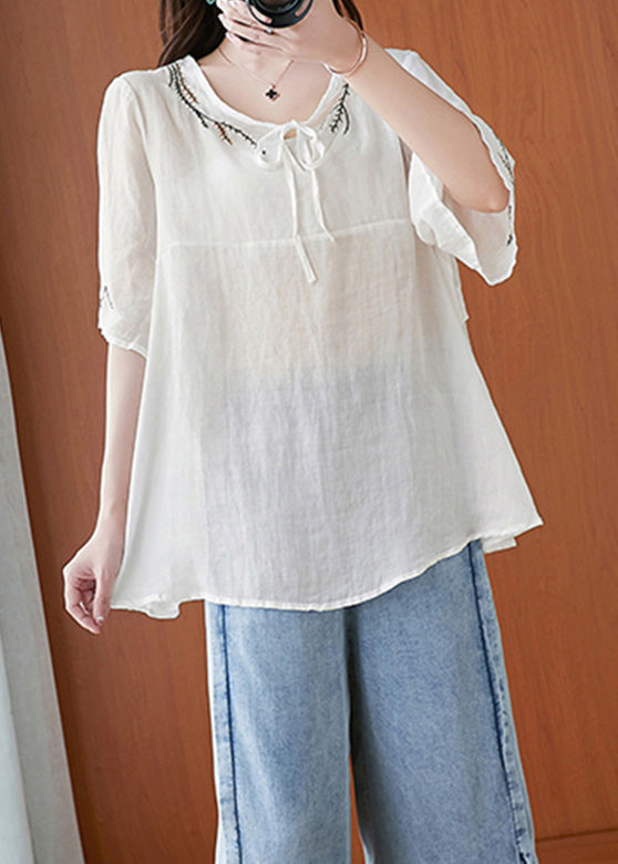 Women White Neck Tie Tops Half Sleeve LY6209 - fabuloryshop