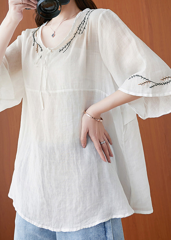 Women White Neck Tie Tops Half Sleeve LY6209 - fabuloryshop