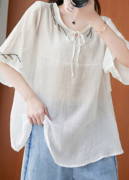 Women White Neck Tie Tops Half Sleeve LY6209 - fabuloryshop