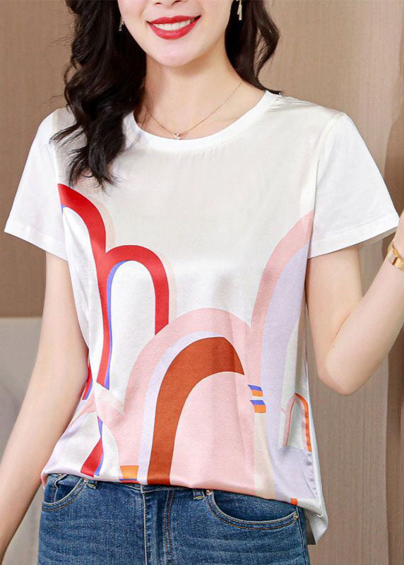 Women White O-Neck Original Design Print Silk Tops Summer LY0058 - fabuloryshop