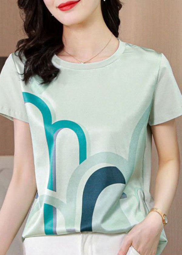 Women White O-Neck Original Design Print Silk Tops Summer LY0058 - fabuloryshop