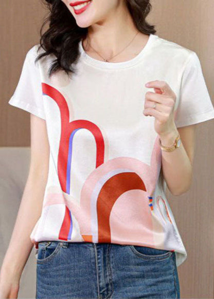 Women White O-Neck Original Design Print Silk Tops Summer LY0058 - fabuloryshop