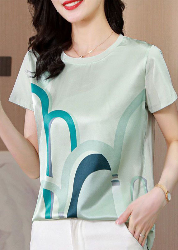 Women White O-Neck Original Design Print Silk Tops Summer LY0058 - fabuloryshop