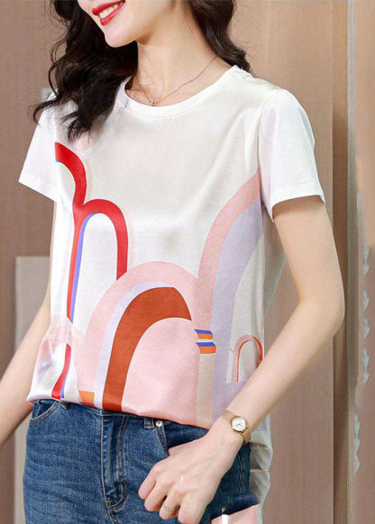 Women White O-Neck Original Design Print Silk Tops Summer LY0058 - fabuloryshop