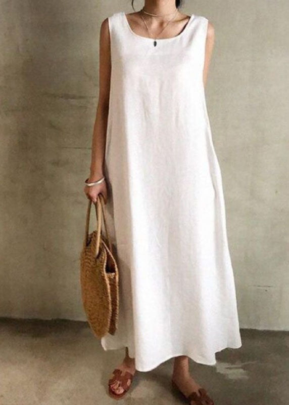 Women White O Neck Patchwork Cotton Maxi Dress Sleeveless LY1982 - fabuloryshop