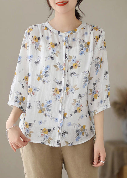 Women White O-Neck Print Button Ramie Shirts Summer LY6907 - fabuloryshop