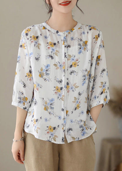 Women White O-Neck Print Button Ramie Shirts Summer LY6907 - fabuloryshop