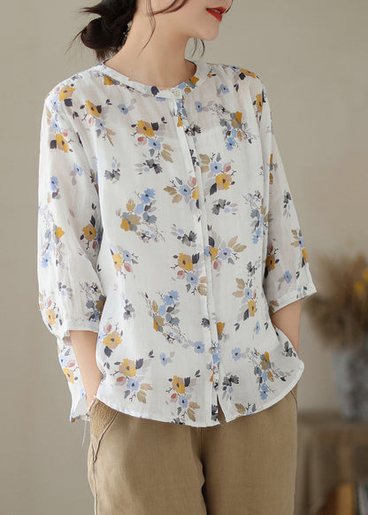 Women White O-Neck Print Button Ramie Shirts Summer LY6907 - fabuloryshop