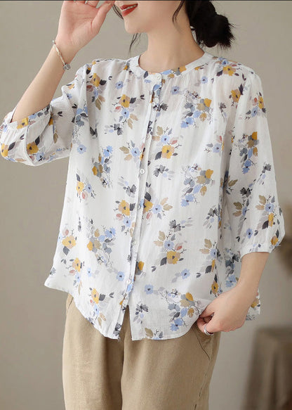 Women White O-Neck Print Button Ramie Shirts Summer LY6907 - fabuloryshop