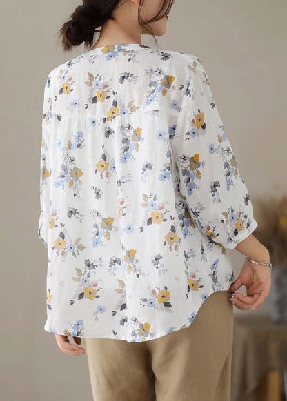 Women White O-Neck Print Button Ramie Shirts Summer LY6907 - fabuloryshop