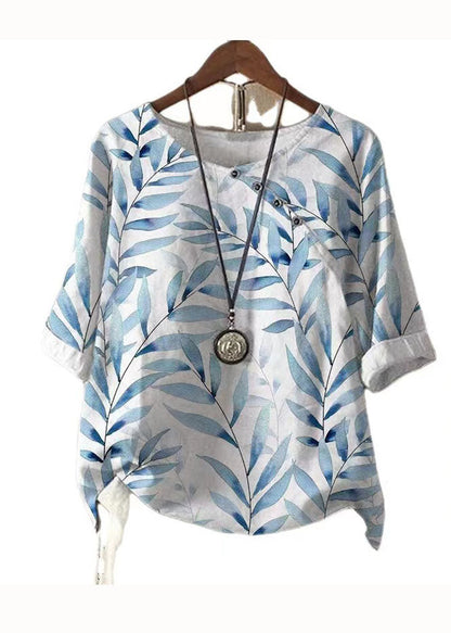 Women White O Neck Print Patchwork Linen T Shirts Summer Ada Fashion