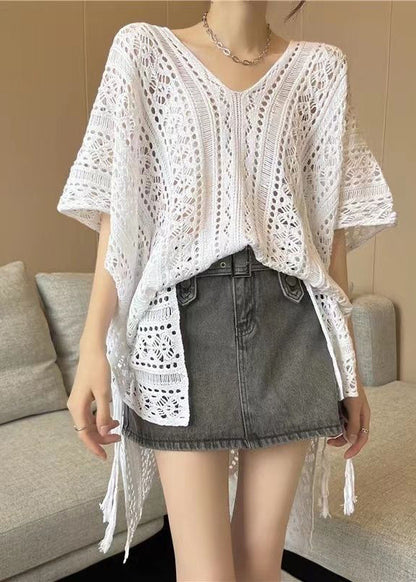 Women White Oversized Side Open Hollow Out Knit Long Smock Summer LY2589 - fabuloryshop