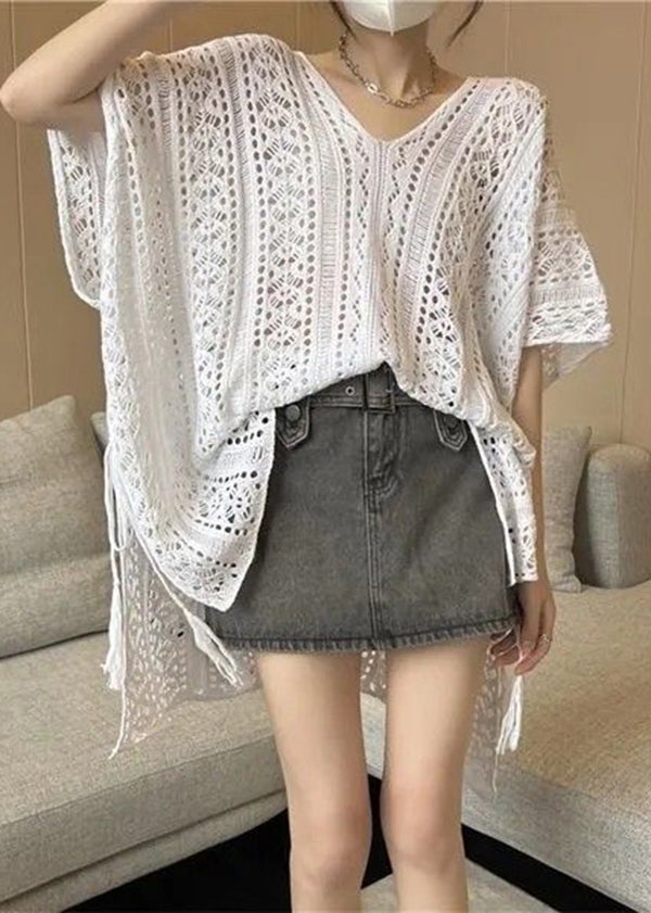 Women White Oversized Side Open Hollow Out Knit Long Smock Summer LY2589 - fabuloryshop